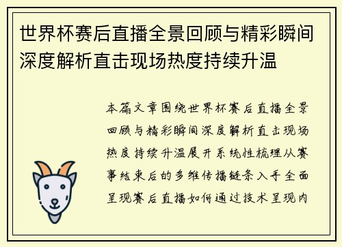 世界杯赛后直播全景回顾与精彩瞬间深度解析直击现场热度持续升温